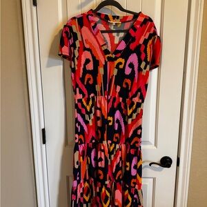 Jude Connally Red and Pink Abstract Midi Dress
